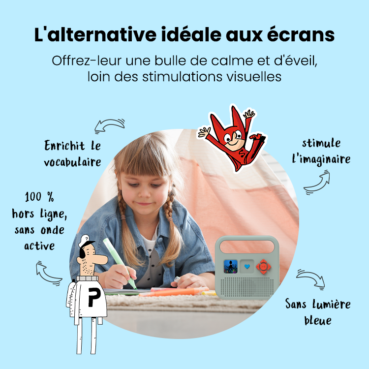 Infographie pour l'enceinte Merlin intitulée « L'alternative idéale aux écrans ». Au centre, une petite fille dessine à côté de sa conteuse audio, entourée des illustrations de SamSam et de Bob, le personnage du Facteur de l'espace. Des flèches indiquent les bénéfices du produit : enrichit le vocabulaire, 100% hors ligne sans onde active, stimule l'imaginaire, et sans lumière bleue.