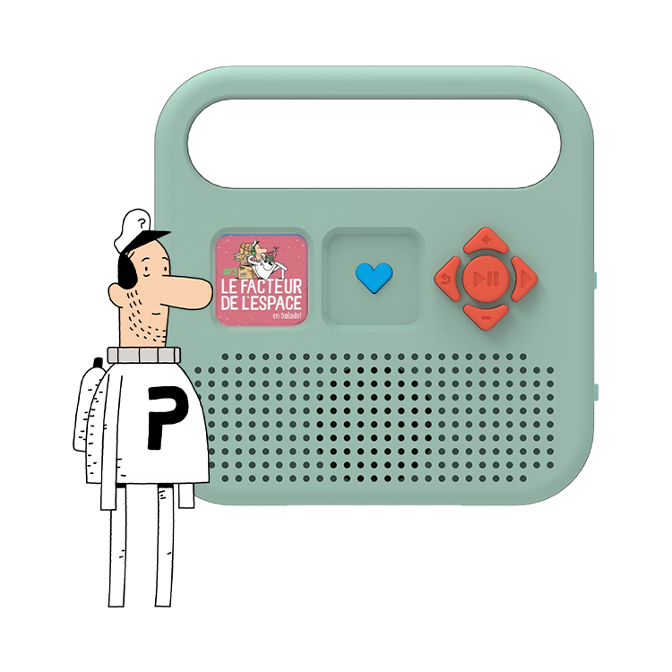 Enceinte audio Merlin vert d'eau affichant le balado Le Facteur de l'espace, posée à côté de l'illustration du personnage Bob, Facteur de l'Espace, créé par Guillaume Perreault et publié par La Pastèque.