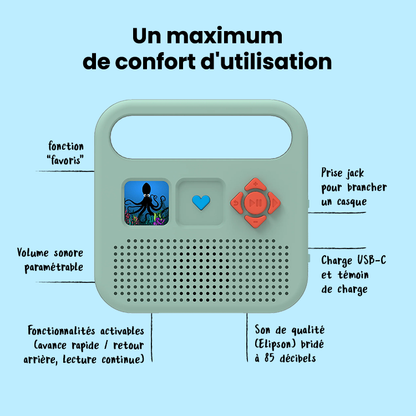 Infographie technique de l'enceinte Merlin intitulée « Un maximum de confort d'utilisation ». Des flèches entourent la conteuse vert d'eau pour détailler ses fonctionnalités : fonction favoris, volume sonore paramétrable, fonctionnalités activables comme l'avance rapide, le retour arrière et la lecture continue, prise jack pour casque, charge USB-C avec témoin, et un son de qualité Elipson bridé à 85 décibels.